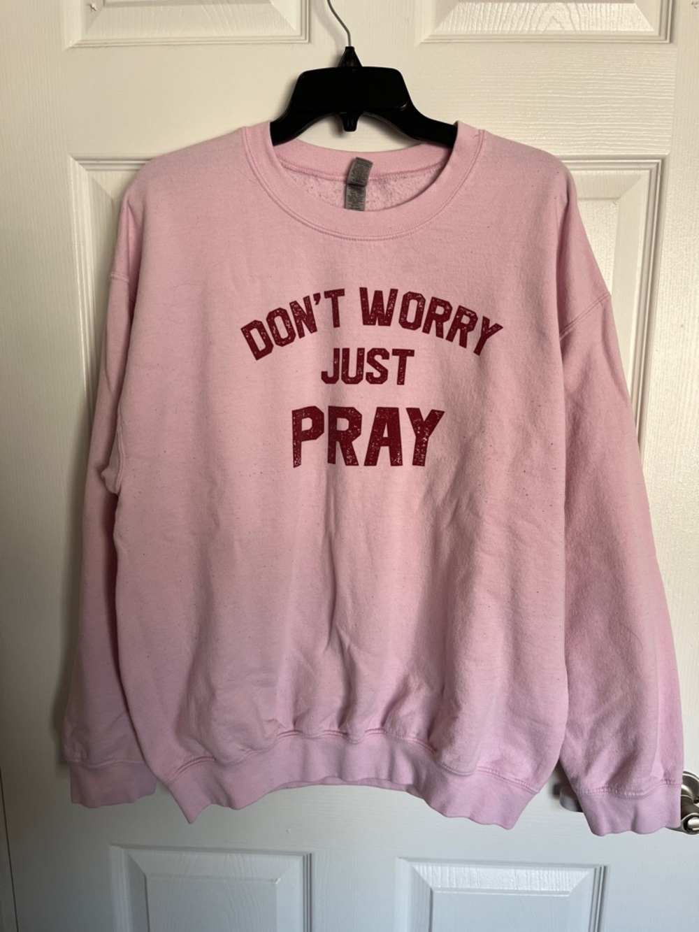 Gildan Pink Crewneck Sweatshirt with Red 'Don't Worry Just Pray' Graphic